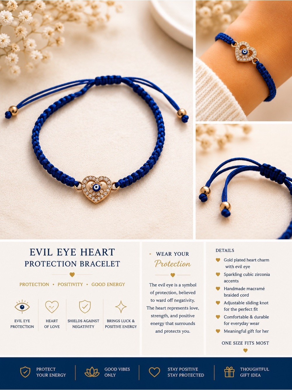 Evil Eye Heart Protection Bracelet – Royal Blue